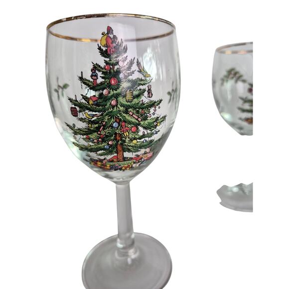 Vintage Spode Christmas Stemware Wine Water Glasses Holiday Set of 8 Holly Tree - Picture 2 of 10